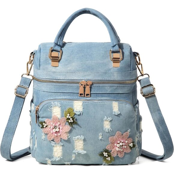 Light Blue Denim Backpack for Women - Casual Floral Embroidered Y2K Style main image 6